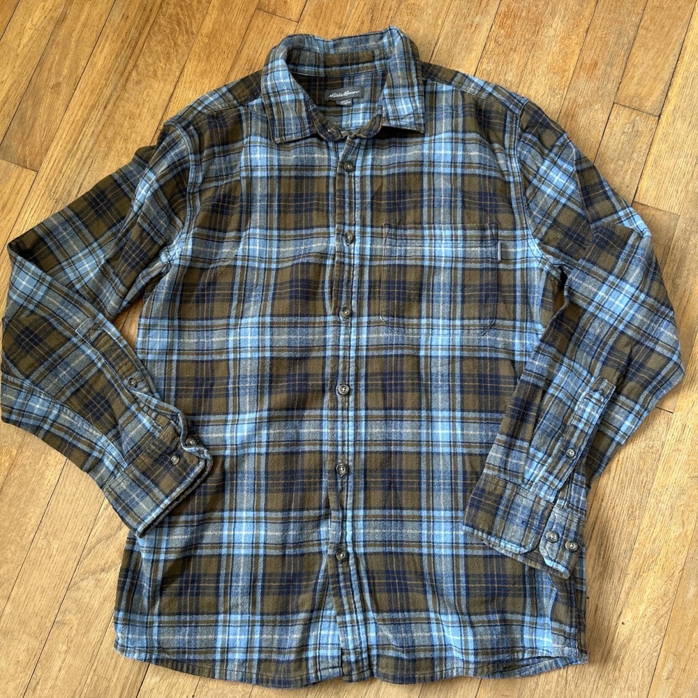Eddie Bauer Mens Medium Plaid Flannel Shirt Olive Blue Long Sleeve Cotton Button
